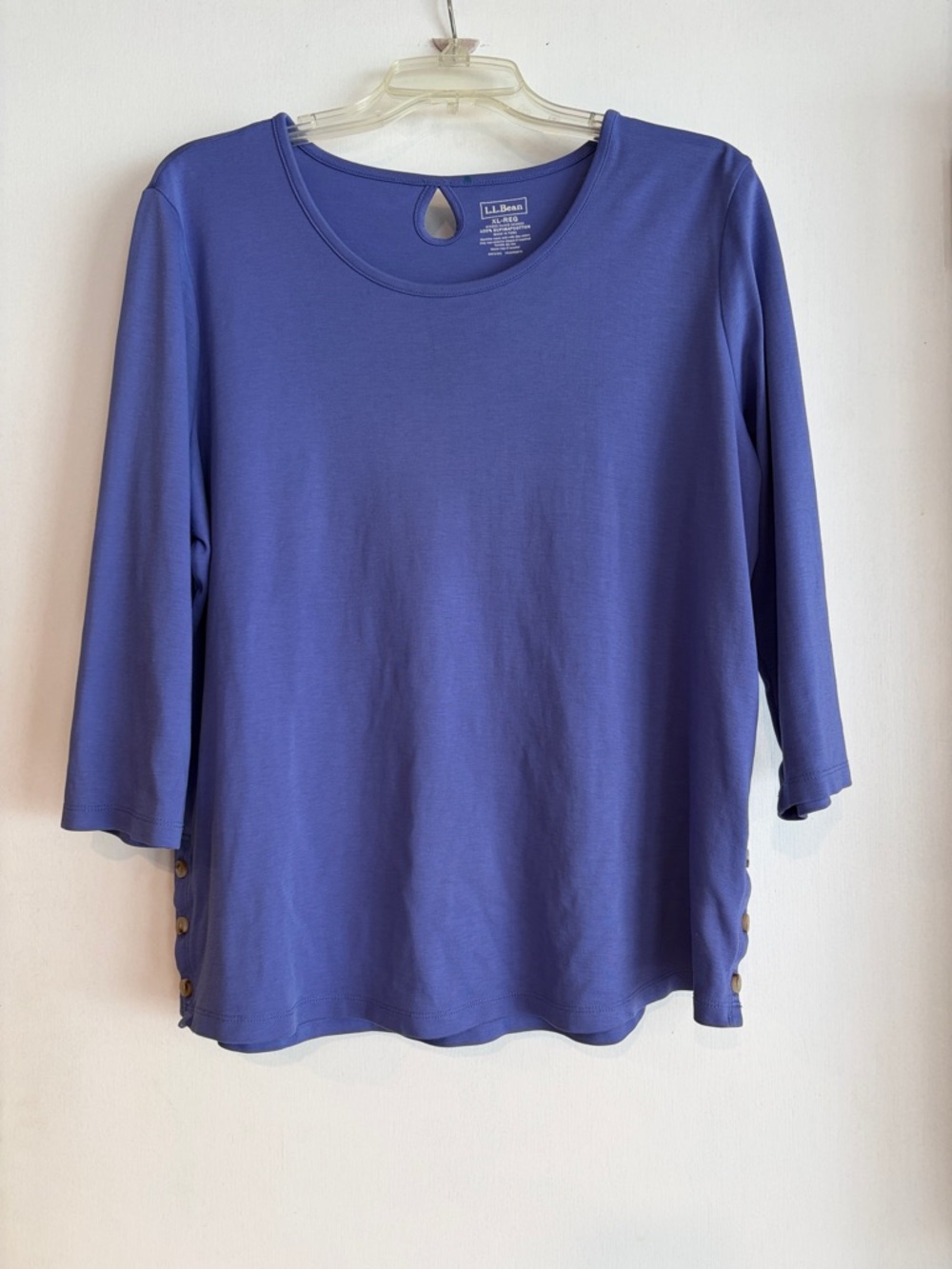 L.L. Bean Periwinkle Keyhole 3/4 Sleeve Tee with Side Buttons